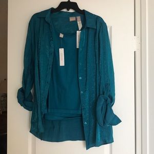 Never worn teal basic tank and shimmer button down